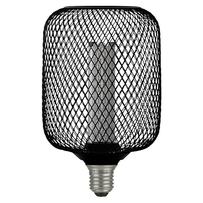 Searchlight LED-Lampe Zylinder Filigran - E27, Dimmbar, Bernstein, 120 lm, 3,5 W, Schwarz - Schwarze Käfiglampe mit zylindrischem Design. Die Lampe hat ein filigranes Netzmuster und einen silberfarbenen Sockel für eine moderne Beleuchtung.