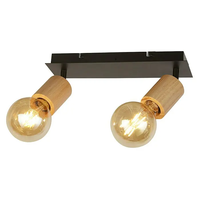 Searchlight Spinny Deckenstrahler - 120 W, L x B x H: 43 x 18 x 15 cm, Schwarz, E27, 2 Stk. - Deckenleuchte mit zwei goldenen Glühbirnen und Holzfassungen an einer schwarzen rechteckigen Deckenplatte.