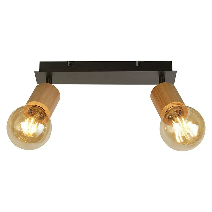 Searchlight Spinny Deckenstrahler - 120 W, L x B x H: 43 x 18 x 15 cm, Schwarz, E27, 2 Stk. - Zwei runde Vintage-Glühbirnen mit Holzfassungen und einer schwarzen Metallhalterung.