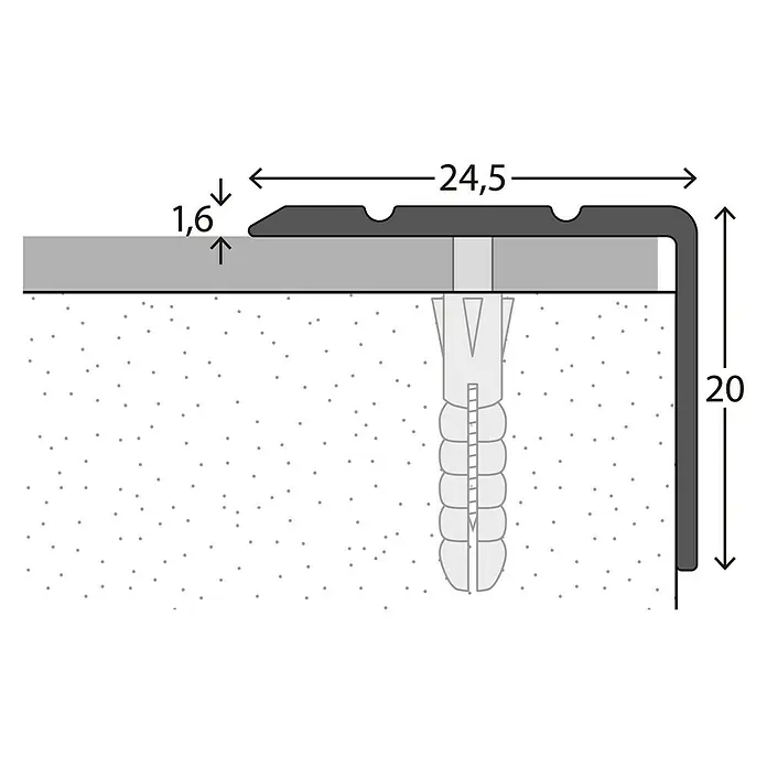 LOGOCLIC Winkelprofil 162 - Silber, 1 m x 24,5 mm x 20 mm, Montageart: Schrauben - Abbildung eines Montageprofils mit den Maßen 24,5 mm Breite und 20 mm Höhe, das mit einer Schraube befestigt wird.