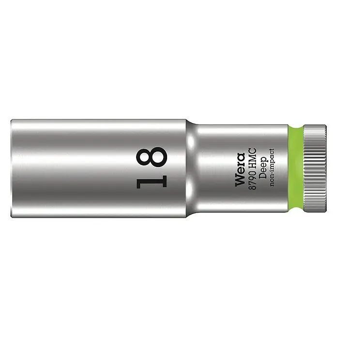 Wera Steckschlüsseleinsatz 8790 HMC - Schlüsselweite: 18 mm, Antriebsgröße: ½″ - Wera 8790 HMC Deep Steckschlüssel Nuss, Größe 18, für präzise Schraubarbeiten. Robustes Werkzeug für Handwerker und Heimwerker.