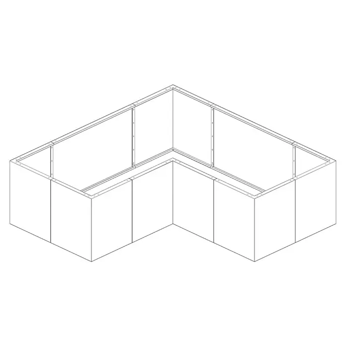 Palatino Hochbeet Urban L-Form - 200 x 200 x 70 cm, Stahl, Rostbraun - Abbildung eines Eckstandes mit weißen Wänden und schwarzem Boden, ideal für Messen oder Ausstellungen, bietet vielseitige Präsentationsmöglichkeiten.