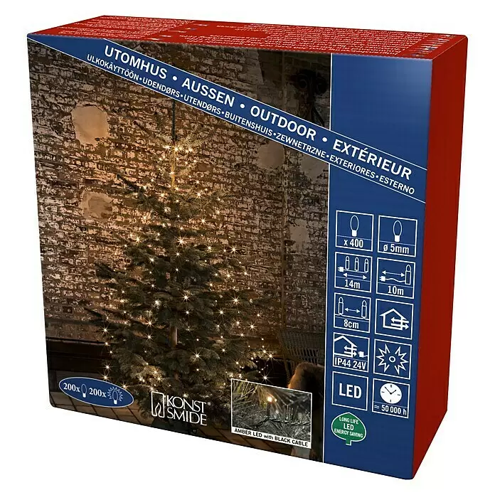 Konstsmide LED-Lichterkette Baummantel - Außen, Lichtfarbe: Bernstein, Anzahl Leuchtmittel: 400 Stk., Netzbetrieben - Produktbox für Konst Smide LED-Lichterkette für außen, bernsteinfarben. Zeigt geschmückten Weihnachtsbaum, 400 Lichter, 14m Länge.