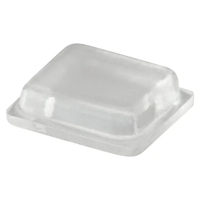 Türpuffer quadratisch, 4 Stk., selbstklebend - B x H: 10 x 2 mm, Transparent, 4 Stk. - Nahaufnahme einer durchsichtigen, rechteckigen Kunststoffverpackung. Ideal für Lebensmittel oder kleine Gegenstände mit einem sicheren Verschluss.