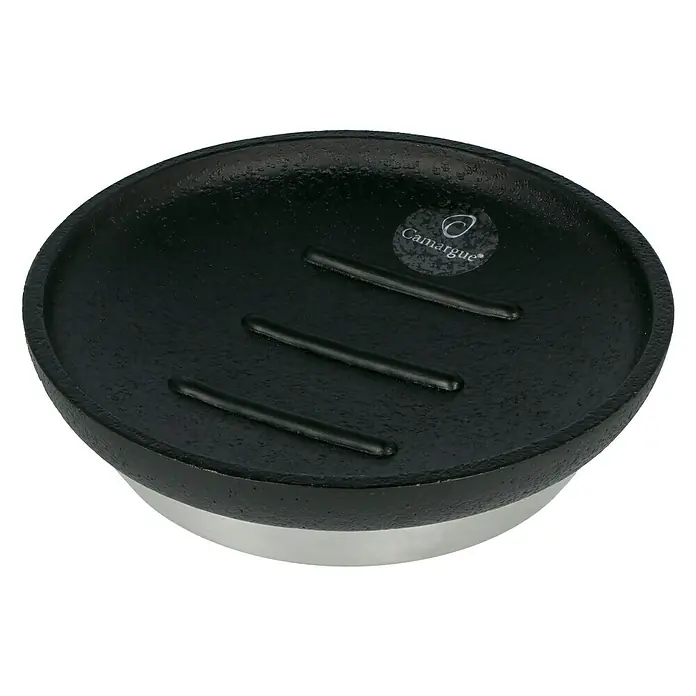 Camargue Bosse Seifenschale - Polyresin, Schwarz - Nahaufnahme einer schwarzen Camargue Seifenschale mit silberfarbenem Fuß und drei Rillen im Inneren.