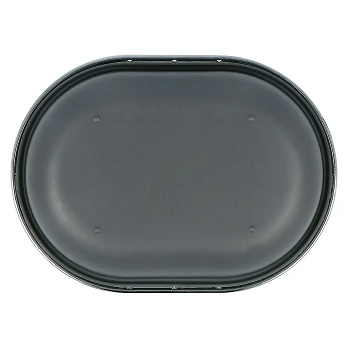 Venus Milano Seifenschale - Grau, Kunststoff, Verchromt - Eine ovale, graue Backform mit silbernem Rand, ideal zum Backen von Kuchen oder Aufläufen, präsentiert eine moderne und elegante Optik.