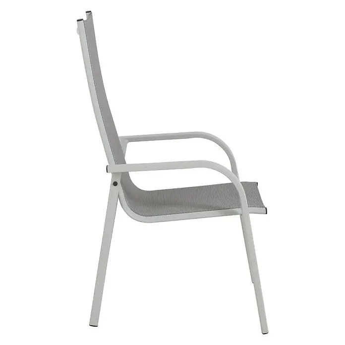Sunfun Hannah Silla de jardín - 69 x 59 x 110 cm, Gris, Apilable - Imagen de una silla de jardín blanca con reposabrazos y malla gris, ideal para relajarse al aire libre.
