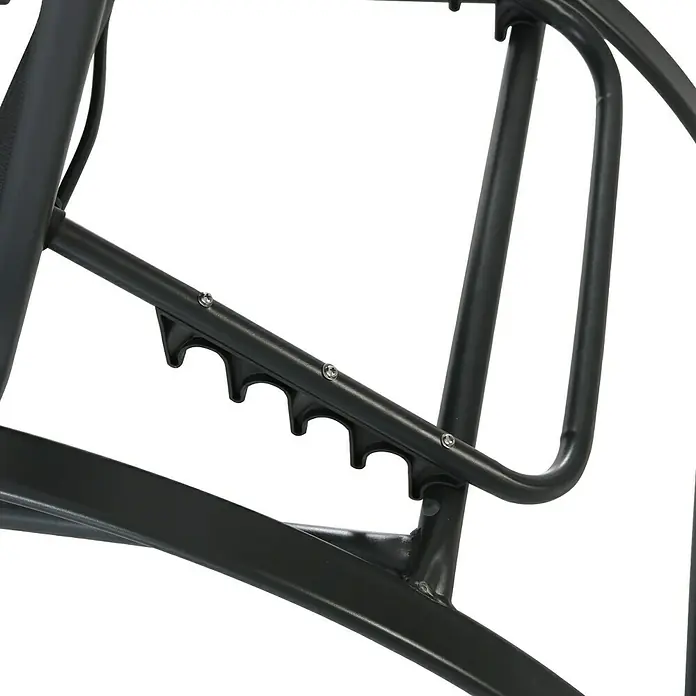 Sunfun Tumbona de jardín Ikara - 63 x 198 x 28 cm, Negro, Acero, Respaldo regulable - Primer plano de la base metálica de una mecedora negra, que muestra estabilidad y diseño moderno. Los tornillos aseguran la estructura.