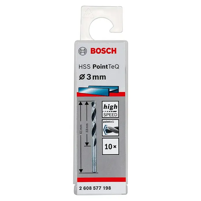 Bosch Metallbohrer PointTeQ - 10 Stk., Durchmesser Bohrer: 3 mm - Eine 3 mm Bosch HSS PointTeQ Bohrerpackung, ideal zum Bohren in verschiedenen Materialien mit hoher Geschwindigkeit und Präzision.