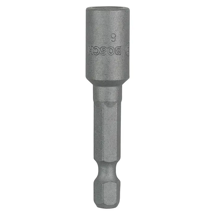 Bosch Inserto para llaves de vaso Extra Hard - Longitud de punta: 50 mm, Ancho de llave: 6 mm, 1 ud. - Primer plano de un accesorio magnético de broca para tuercas de Bosch para taladros, ideal para comerciantes y aficionados al bricolaje.