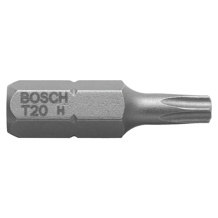 Bosch Punta Extra Hard C - T20, 25 mm, 3 ud. - Primer plano de una punta de destornillador Bosch T20H, diseñada para tornillos Torx con agujero central y optimizada para alto par.