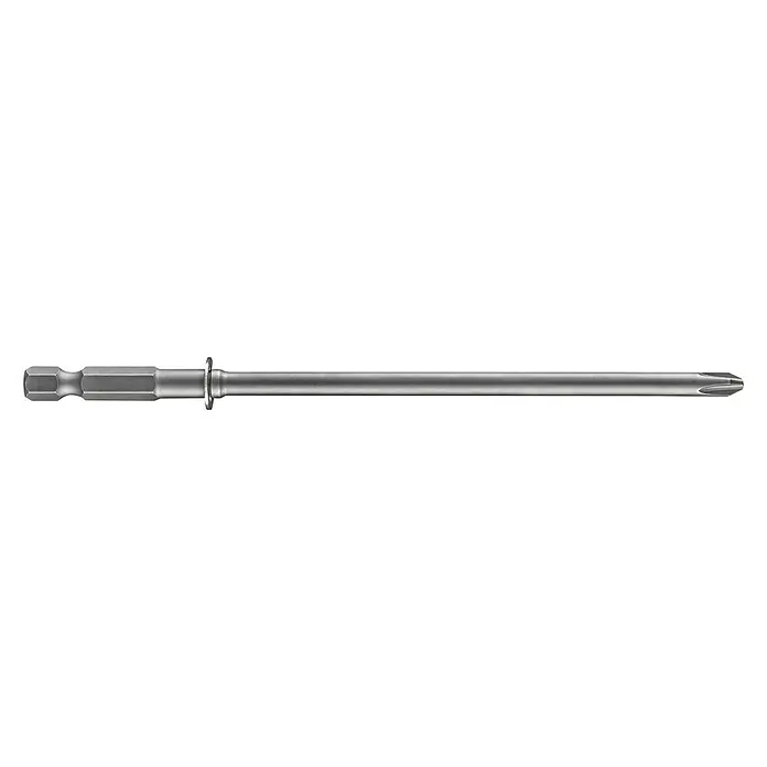 Bosch Punta Extra Hard E - PH 2, 145 mm, 3 ud. - Esta imagen muestra un destornillador largo de color plateado representado sobre un fondo negro. Herramienta precisa para tareas de atornillado.