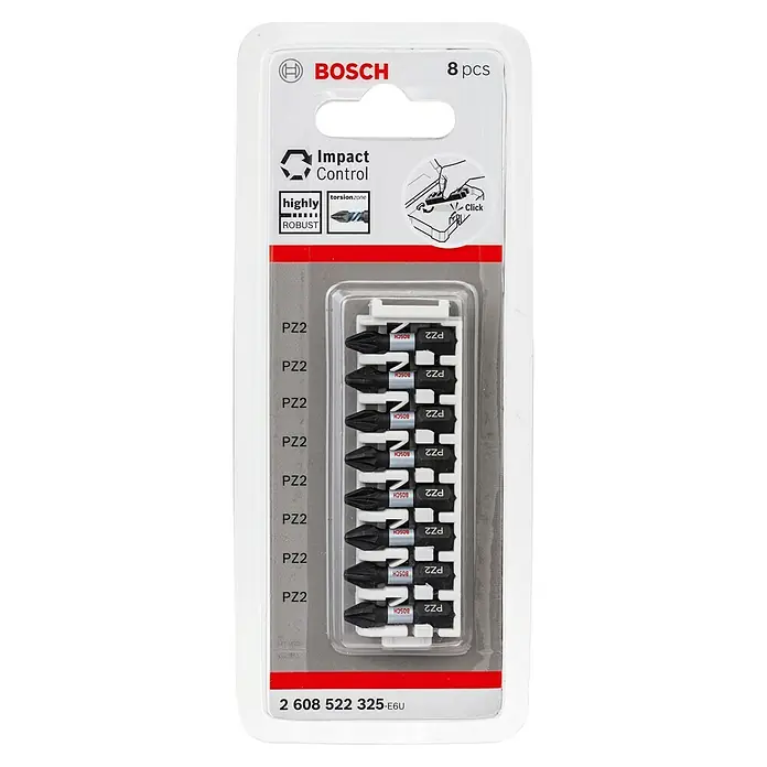 Bosch Set de puntas Impact Control - PZ 2, Longitud de punta: 25 mm, 8 ud. - Imagen de un juego de puntas Bosch Impact Control con 8 piezas, ideal para aplicaciones de atornillado robustas.