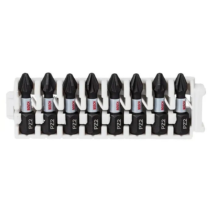 Bosch Set de puntas Impact Control - PZ 2, Longitud de punta: 25 mm, 8 ud. - Primer plano de un juego de puntas de destornillador Bosch PZ2 en un soporte blanco, ideal para diversas aplicaciones de atornillado.