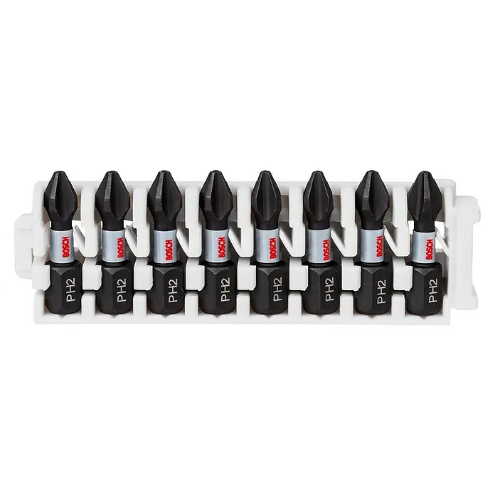 Bosch Set de puntas Impact Control - PH 2, Longitud de punta: 25 mm, 8 ud. - Un juego de ocho puntas de destornillador Bosch PH2, presentadas en un soporte de plástico blanco para fácil almacenamiento y organización.