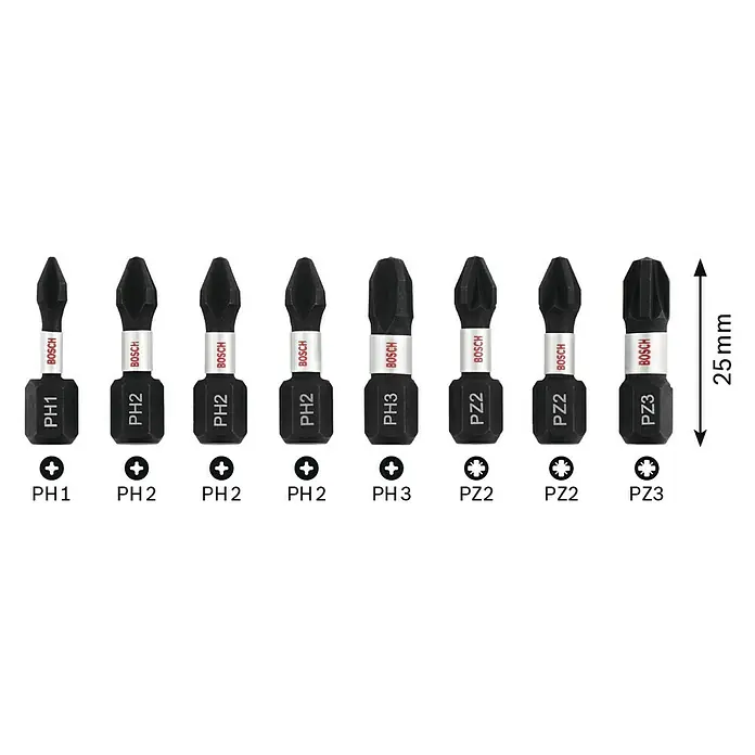 Bosch Set de puntas Impact Control - PH 1, Longitud de punta: 25 mm, 8 pzs. - Imagen de un juego de puntas de destornillador Bosch en varios tamaños (PH1, PH2, PH3, PZ2, PZ3) y 25 mm de longitud, para usar con destornilladores.