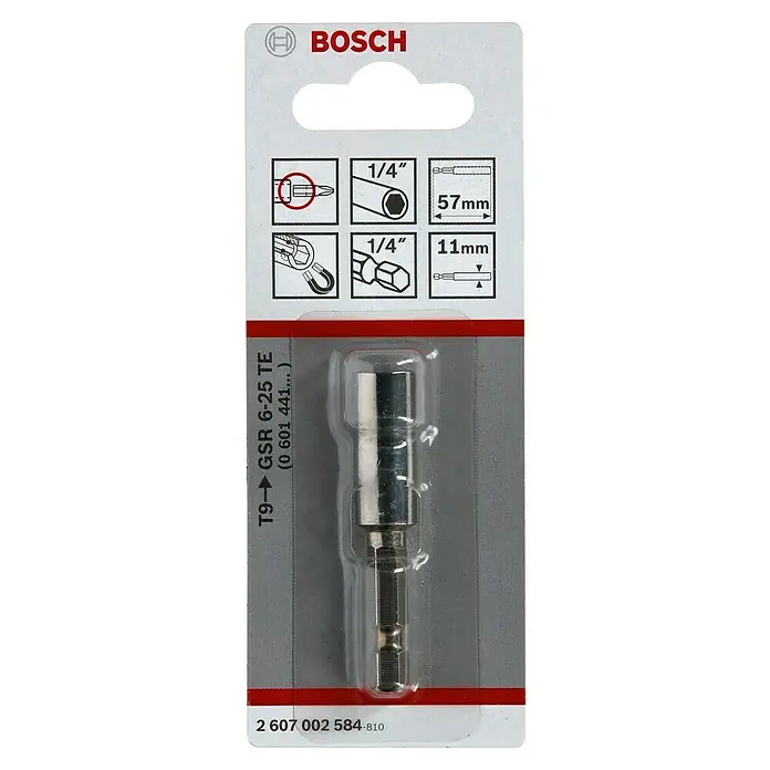 Bosch Portabits para herramientas eléctricas - Ø x L: 11 x 57 mm - Imagen de una punta de destornillador Bosch T9 GSR 6-25 TE con un mango de 1/4 de pulgada, que mide 57 mm de largo y 11 mm de ancho.