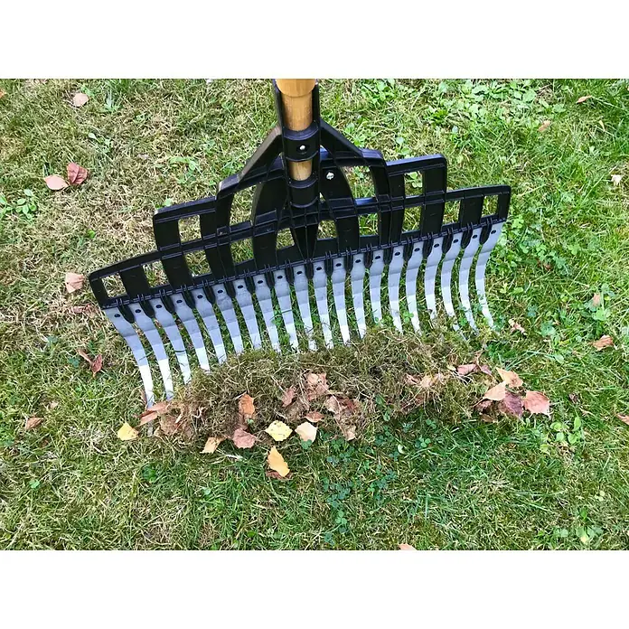 Gardol Laubbesen - Arbeitsbreite: 50 cm, Anzahl Zinken: 20, Langstiel - Eine Laubharke mit Metallzinken sammelt Laub und Moos auf einem grünen Rasen. Das Gartengerät ist bereit für den Einsatz im Herbst.