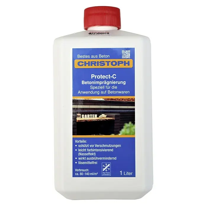 Christoph Imprägnierung Protect- C - 1 l, Geeignet für: Beton - Bild einer 1-Liter-Flasche Christoph Protect-C Betonimprägnierung, die Beton vor Schmutz schützt und farbintensivierend wirkt.