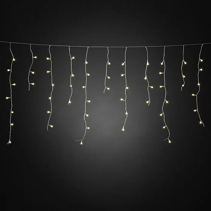 Konstsmide LED-Lichtervorhang Eisregen - Außen, 20,27 m, Warmweiß, 400 Stk., Netzbetrieben - Warmweiße LED-Lichterkette im Eiszapfen-Stil mit silbernen Drähten, als Vorhang angeordnet.