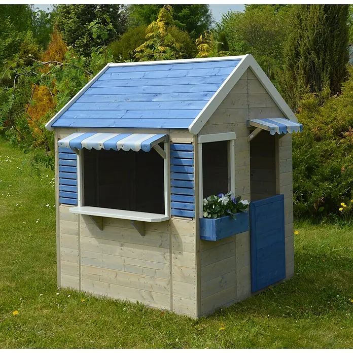 Wendi Toys Spielhaus Delfin - Holz, Natur/Blau - Ein charmantes, blau-weißes Spielhaus aus Holz mit Markisen und Blumenkasten, perfekt für fantasievolles Spielen im Garten.