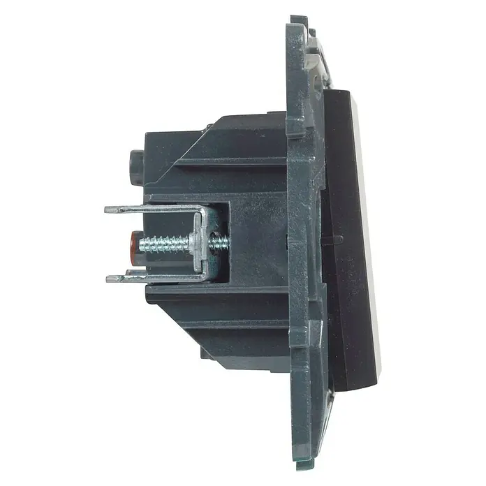 Legrand Niloé Step Cruzamiento - Antracita, Instalar, IP44 - Primer plano de un interruptor de dispositivo gris, montado lateralmente, mostrando detalles de montaje.