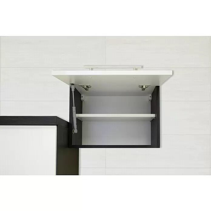 Respekta Premium Cocina esquinera Amanda - An x Pr: 260 x 60 cm, Roble/Blanco, Con electrodomésticos - Armario de pared abierto con puerta elevable blanca, marco oscuro, baldas interiores y mecanismo de elevación a gas.
