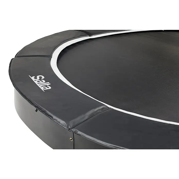 Salta Trampolin Royal Baseground - Durchmesser: 396 cm, Schwarz - Nahaufnahme eines schwarzen Salta-Trampolins mit Sicherheitsabdeckung und weißer Umrandung. Ideal für sicheren Springspaß im Garten.