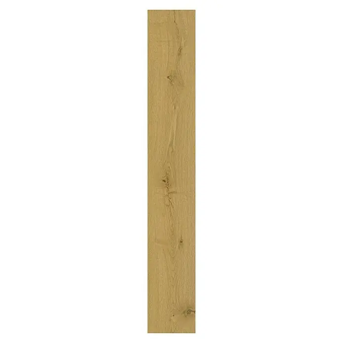 Vinylboden Rigid - Eiche Natur Rustik, Landhausdiele, 1.220 x 180 x 3,5 mm - Detailaufnahme einer einzelnen Holzdiele mit einer hellen, natürlichen Maserung und Astlöchern, die eine warme, rustikale Atmosphäre vermittelt.