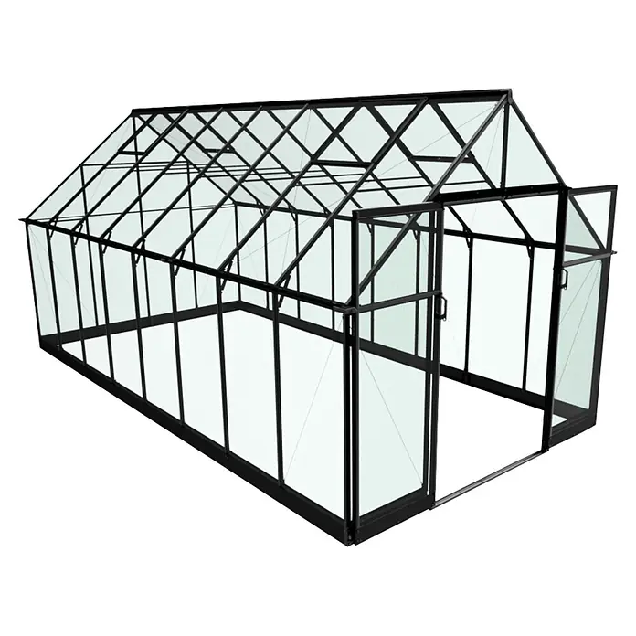 Halls Gewächshaus Qube 816 - Außenmaß inkl. Dachüberstand (B x T): 261 x 508 cm, 3 mm, Schwarz - Schwarz gerahmtes Gewächshaus mit transparenten Scheiben und geöffneter Tür.