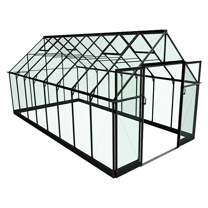 Halls Gewächshaus Qube 816 - Außenmaß inkl. Dachüberstand (B x T): 261 x 508 cm, 3 mm, Schwarz - Diagonale Ansicht
