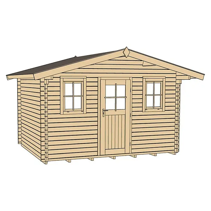 Weka Gartenhaus Weekendhaus 138 - Außenmaß inkl. Dachüberstand (B x T): 450 x 370 cm, Holz, Natur, 11,4 m² - Ein detailreiches Bild eines Holzgartenhauses mit Fenstern und Tür, ideal für den Garten.