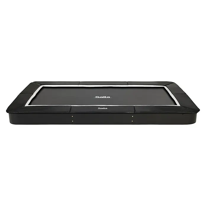 Salta Trampolin Royal Baseground305 x 214 cm, Schwarz - Ein rechteckiges Salta Trampolin mit einem schwarzen Rahmenpolster und einer Sprungfläche in der Nahaufnahme.