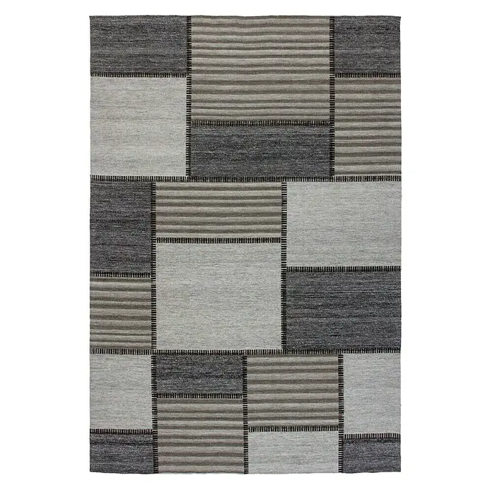 Kayoom Flachgewebeteppich Phönix - Grau/Braun, 230 x 160 cm, 75 % Wolle, 20 % Baumwolle, 5 % Polyester - Musterteppich mit geometrischem Design. Der Teppich besteht aus Quadraten in verschiedenen Grautönen und Mustern, die ein modernes Aussehen erzeugen.