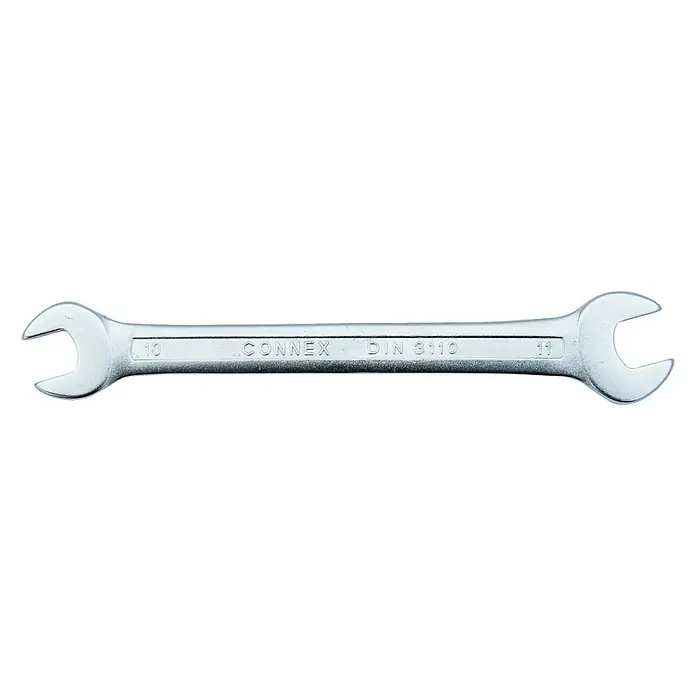 Connex Llave fija de doble boca - Ancho de llave: 10 mm - 11 mm, DIN 3110 - Una llave fija doble Connex de color plateado de las medidas 10 y 11, ideal para apretar tornillos, con estándar DIN 3110.