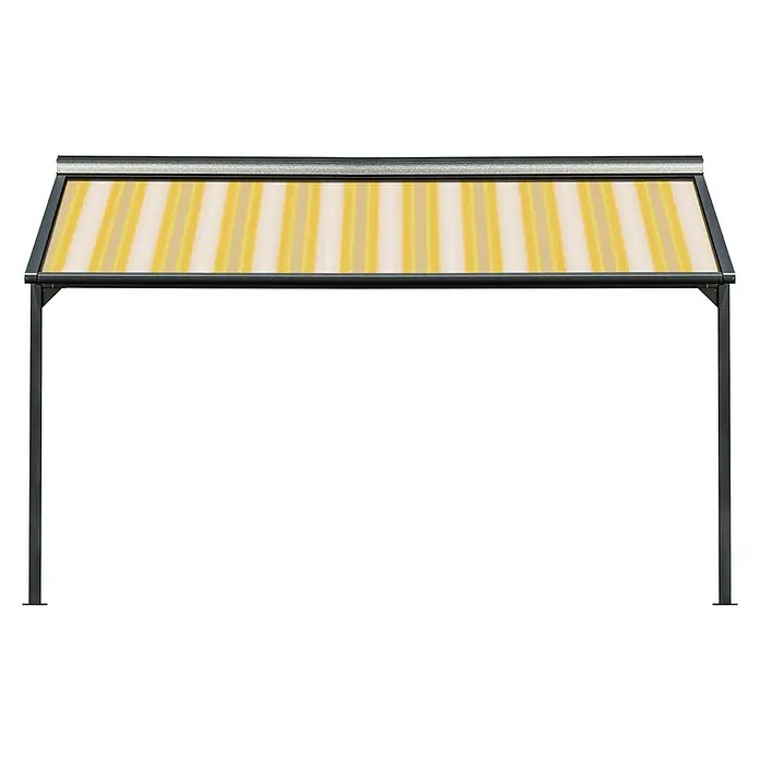 Solid Elements Pergolamarkise Schattino-S 30A774 - Breite: 4,5 m, Ausfall: 5 m - Elegante Terrassenüberdachung mit gelb-weiß gestreiftem Stoff, ideal für sonnige Tage im Garten. Schützt vor direkter Sonneneinstrahlung und bietet Schatten.