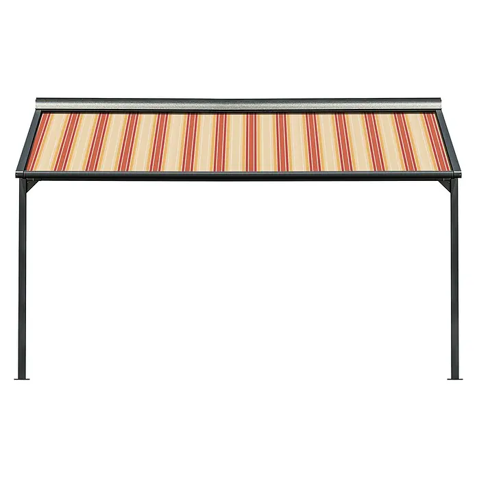 Solid Elements Pergolamarkise Schattino-S 8430 - Breite: 4,5 m, Ausfall: 2,5 m - Eine Terrassenüberdachung mit gestreifter Markise in Gelb und Rot sorgt für Schatten und Schutz im Freien. Das stabile Gestell bietet sicheren Halt.