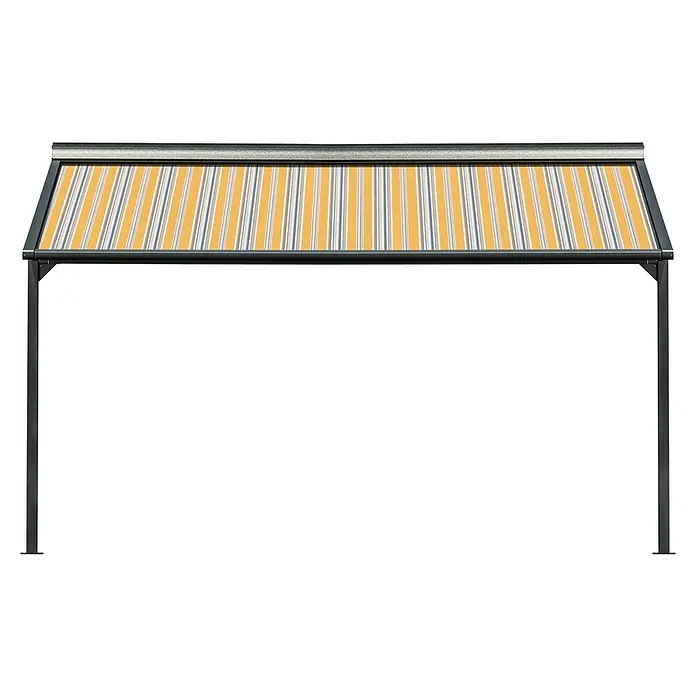Solid Elements Pergolamarkise Schattino-S 6292 - Breite: 3 m, Ausfall: 2,5 m - Bild eines Gartenpavillons mit einem gelb-weiß gestreiften Rolldach, ideal für sonnige Tage im Freien.