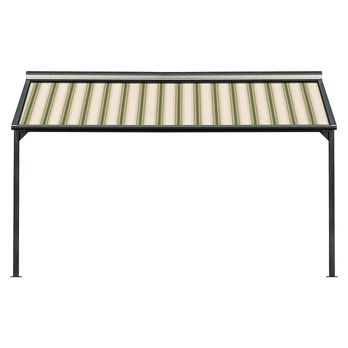 Solid Elements Pergolamarkise Schattino-S 320B70 - Breite: 2,5 m, Ausfall: 4 m - Hier ist ein Bild von einer stilvollen Pergola mit einem gestreiften Sonnenschutz, ideal für entspannte Stunden im Freien. Sie bietet Schatten und Schutz.