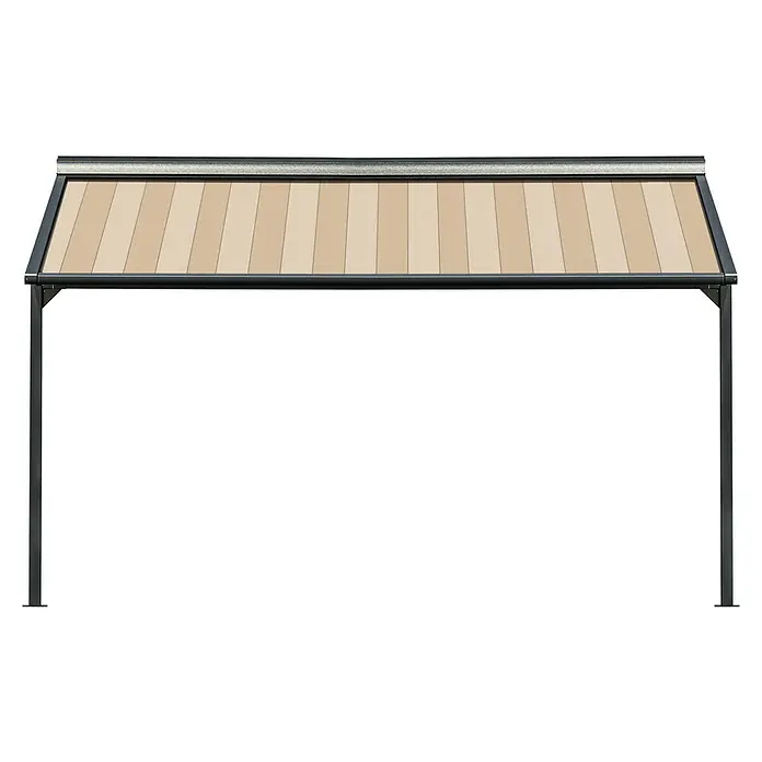 Solid Elements Pergolamarkise Schattino-S 2238 - Breite: 4,5 m, Ausfall: 5 m - Bild eines modernen Pavillons mit beigem Dach und soliden, dunklen Rahmen, ideal für den Außenbereich.