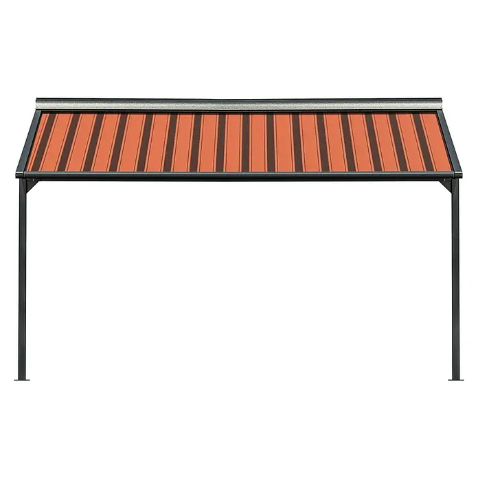 Solid Elements Pergolamarkise Schattino-S 744 - Breite: 4,5 m, Ausfall: 3 m - Nahaufnahme eines Gartenpavillons mit einem rot-braunen Dach mit vertikalen schwarzen Streifen, der Schatten spendet und Stil bietet.