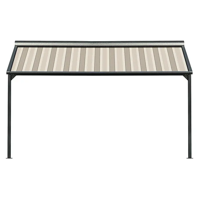 Solid Elements Pergolamarkise Schattino-S 8935 - Breite: 6 m, Ausfall: 4,5 m - Das Bild zeigt eine stilvolle Terrassenüberdachung mit gestreiftem Dach und stabilen Stützpfosten, ideal für den Außenbereich.
