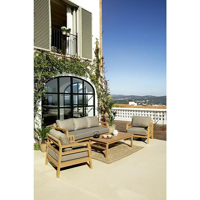 Sunfun Conjunto de muebles Bali - 4 pzs., Enviro Imitation Wood®, Camel/Taupe - Elegante conjunto de muebles de exterior de teca con cojines confortables, ideal para relajarse al aire libre. Incluye sofá, sillones y mesa.