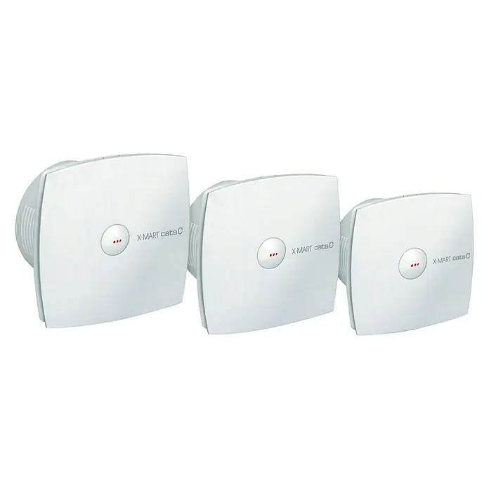 Cata Ventilador de pared de baño X-MART 12 MATIC - Blanco, 12 cm - Tres ventiladores blancos X-MART cataC de diferentes tamaños.
