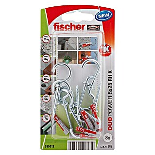 Fischer Duopower Juego de clavijas y ganchos (Diámetro taco: 5 mm, Longitud taco: 25 mm, Argolla, 8 ud.)