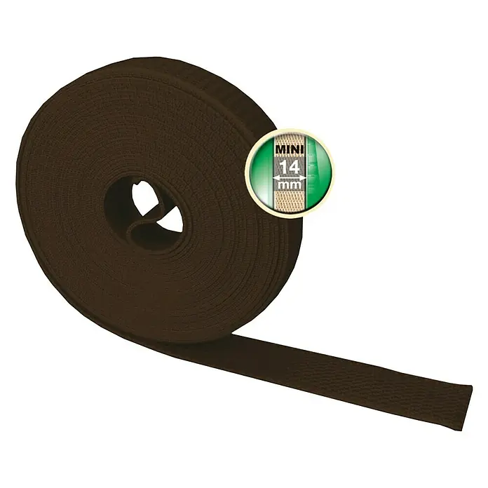 Schellenberg Cinta para persiana - Marrón, Largo: 6 m, Anchura de la correa: 14 mm, Polipropileno - Primer plano de una cinta de cincha marrón en un rollo, con un indicador de tamaño verde.