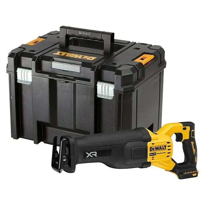 DeWalt XR 18V Sierra de sable de batería DCS386NT - 18 V, Iones de litio, Sin batería, Número de carreras marcha en vacío: 0 /min - 3.000 /min - Sierra de vaivén inalámbrica Dewalt y caja de herramientas, perfectas para trabajos en movimiento y almacenamiento seguro de herramientas.