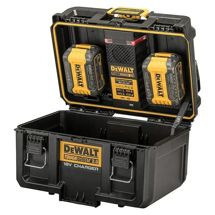 DeWalt Cargador de baterías Toughsystem - L x An x Al: 14 x 38 x 23 cm - El cargador Dewalt Toughsystem 2.0 de 18V en una robusta caja negra con detalles amarillos, ofrece un rendimiento de carga fiable.