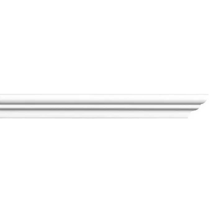 Zierprofil Modern E 6 - 200 cm x 40 mm x 5 cm, XPS-Hartschaumplatten - Detailaufnahme einer weißen Zierleiste, die sich ideal für die Wanddekoration eignet und ein elegantes Ambiente schafft.