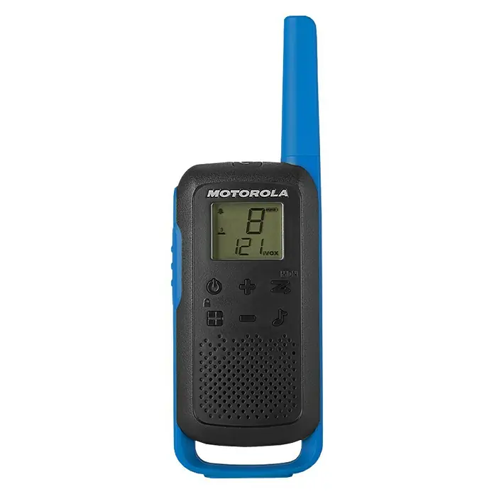 Motorola Solutions Walkie-Talkie Talkabout T62 - Blau/Schwarz - Abbildung eines Motorola Talkabout T42 Walkie-Talkies in Schwarz und Blau mit Antenne und LCD-Bildschirm.